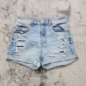Wax Jean Shorts Womens M Blue Distressed Patch Stacked High Rise Cuffed Stretch